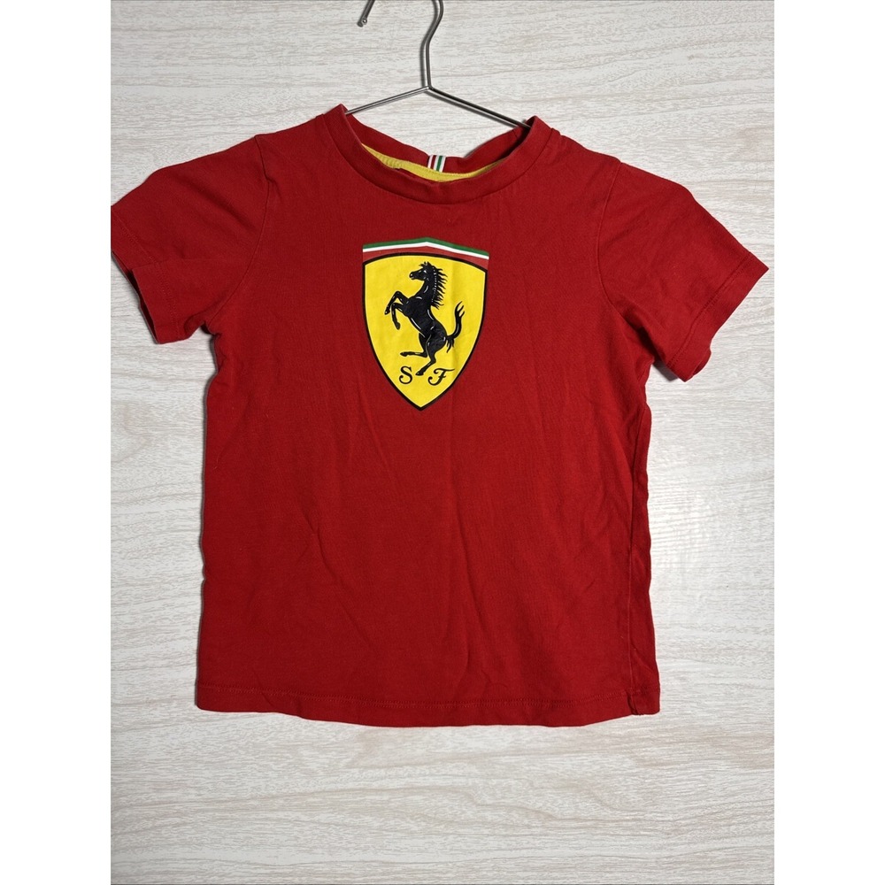 kids' red Ferrari Scudetto T-shirt Ionic Prancing Horse Sheild Logo Sz 5/6 116